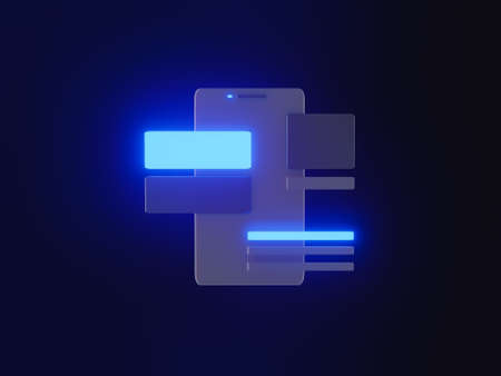 3d render of phone with ui ux blocks. app development.