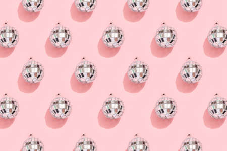 disco ball pattern on pink background. 90s retro party concept.