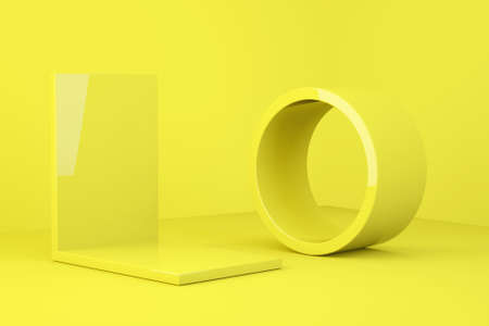 Yellow podiums in monochrome style. Geometric products pedestal. 3d renderの写真素材