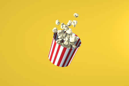 3d render of monochrome yellow popcorn box. Levitation food. Cinema snack conceptの写真素材
