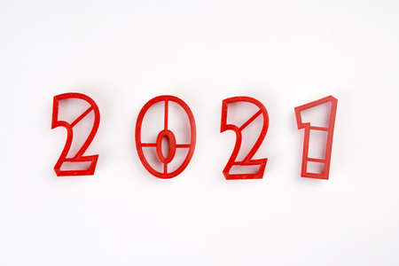 red mold numbers of 2021 new year isolated on white background.