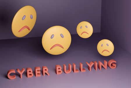 Cyber bullying concept, sad emoji in dark room. 3d renderの写真素材