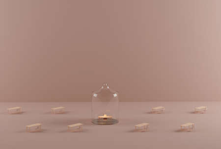 Home office under glass dome. Isolation during covid-19 pandemic quarantine. 3d render. physical distancing pink powder backgroundの写真素材