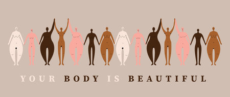 Empowered woman naked holding hands together in different body types and skin colors. Multiracial and gender equalityのイラスト素材