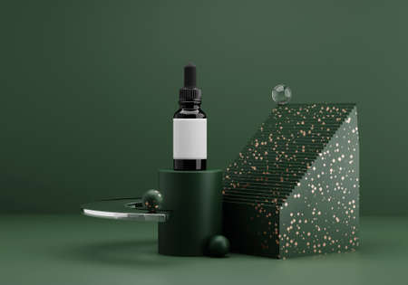 Essential oil bottle mockup. contemporary modern abstract composition in dark green tones with golden terrazzo and glass. trendy 3d render backgroundの写真素材