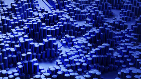 Abstract dark blue metal cylinders. 3d render of big data. technology concept. futuristic background. sci-fi styleの写真素材