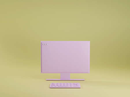 Pink pc computer with keyboard on yellow studio background. Technology concept 3d render. Modern...