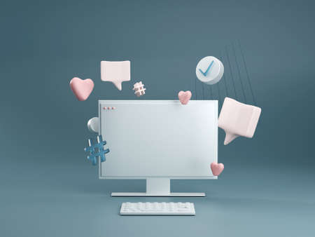 WHite pc computer with keyboard on dark blue studio background. Technology concept 3d render. Modern...
