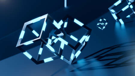 3d render of blochain cobes in neon blue light. Big data concept. Artificial intellegence. abstract...