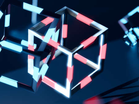 3d render of blochain cobes in neon blue light. Big data concept. Artificial intellegence. abstract tech backgroundの写真素材