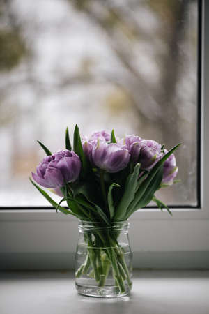 Close up purple tulips photo. Spring concept. natural girly background. flowers design. Slow living mindful lifeの写真素材