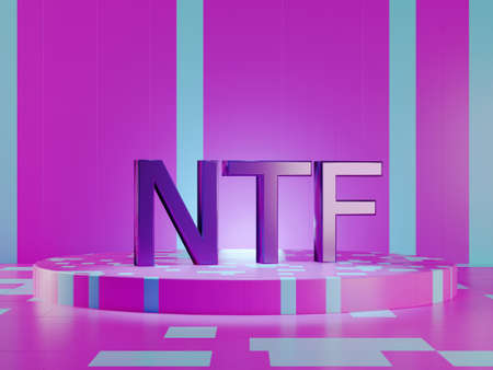 NTF text on vivid tech violet background. Non-refundable token. 3d render. Crypto art place for selling. Blockchain concept.の写真素材