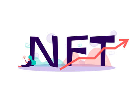 NFT Concept, non refundable token. Future of art collectibles. Blockchain technology. Illustration in flat hand drawn style.のイラスト素材