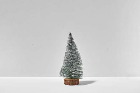 Small lonely christmas tree on white background with sunlight shadow. quarantine christmas