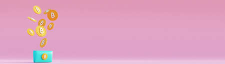 Blue Bitcoin wallet on pink minimal background with levitating coins. Cryptocurrency finance...
