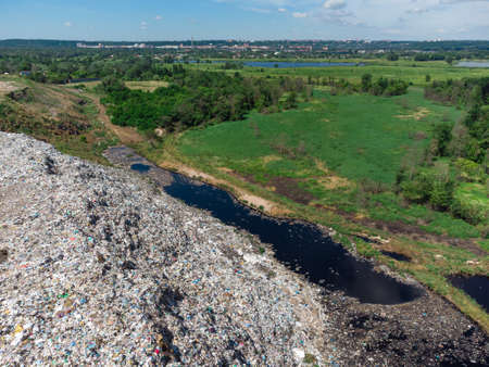 Aerial view of huge rubbish dump. Trash and garbage landfill. Ecology problem, nature pollution. Consumerism economy cons.の写真素材