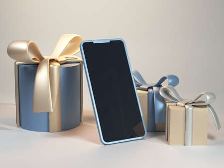 3d render of phone mockup with Christmas or birthday presents. Stage in white studio. Gift boxes in blue, golden and silver colours.の写真素材