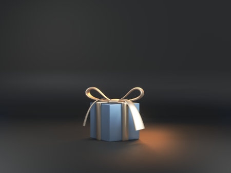 Golden and blue 3d rendered box in dark studio. Minimal concept of birthday or Christmas presents.の写真素材