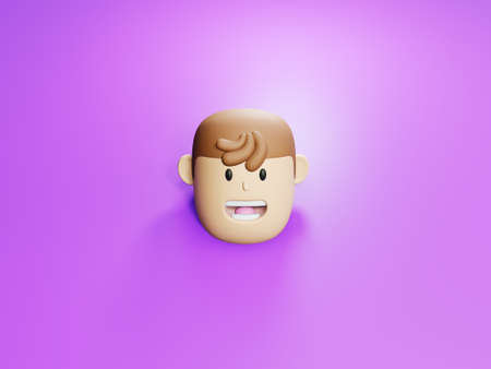 3d render cartoon man with smiley face appears from purple neon background. Metaverse avatar...