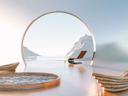 Restorative escape concept. Winter arctic surreal place with wooden lounge chairs and pool. Metaverse travelling to surreal places. 3d renderの写真素材