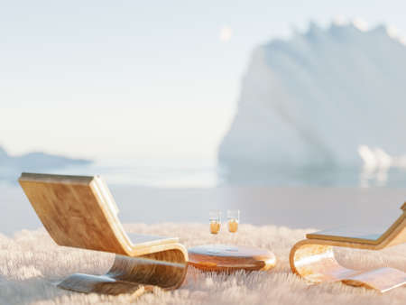 Restorative escape concept. Winter arctic surreal place with fluffy carpet and wooden lounge chairs for two. Metaverse champagne romantic party. 3d renderの写真素材