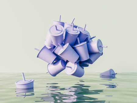 Many plastic cups levitating above the ocean or water on green background. Plastic pollution ecology...