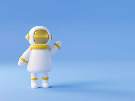 Cute cartoon astronaut on blue background waving hand. Space travel and colonization concept. 3d render in minimal styleの写真素材