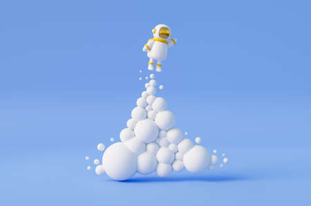 Cute cartoon astronaut on blue background with rocket start. Space travel and colonization concept....