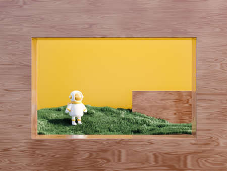 White cartoon space man in the interior of interstellar cabin made of wood and grass.の写真素材