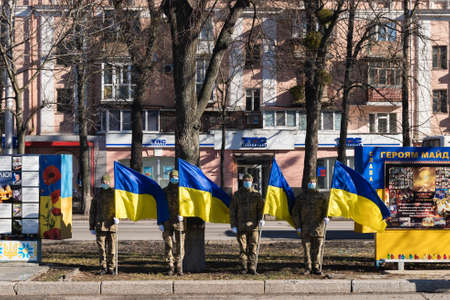 Poltava, Ukraine - 20 Feb 2022 Nebesna Sotnia Monument and requiem ceremony of Maidan and Revolution of Dignityのeditorial素材