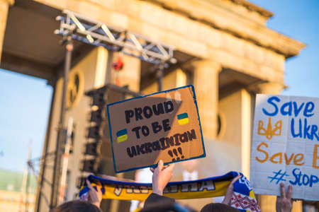 Berlin, Germany - 27 March 2022 Protest anti war and supporting Ukraine in Russian occupation. Demonstration of activistsのeditorial素材