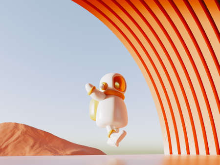 Surreal view from the orange planet with astronaut or alien in total harmony and beautiful 3D...