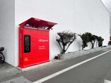 Poznan, Poland - 23 April 2022 Aliexpress automatic self-service delivery locker with parcels form...