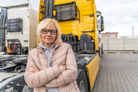 Caucasian mid age woman driving truck. trucker female worker, transport industry occupationの写真素材