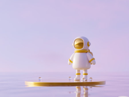 3d render of cartoon astronaut on golden pedestal in water with glass balls. space travel conceptの写真素材