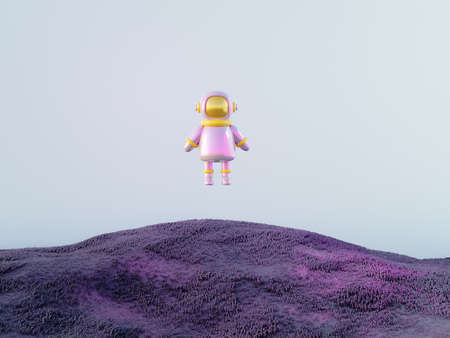 3d render of cartoon astronaut flying above purple ground. space travel conceptの写真素材