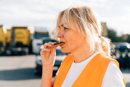 Middle aged portrait of worker engineer woman with orange vest eating cookies. Female truck driverの写真素材