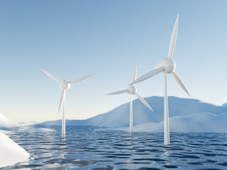 three wind turbines in water arctic landscape . 3d render of sustainable energyの写真素材