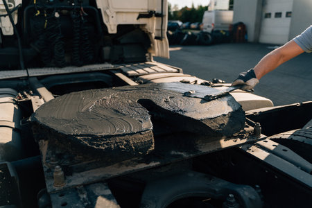 A worker smearing trailer fifth wheel coupling with lubricant oil. Semi-truck mechanical maintenance