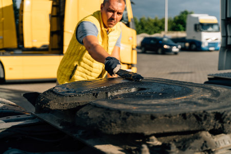 A worker smearing trailer fifth wheel coupling with lubricant oil. Semi-truck mechanical maintenance
