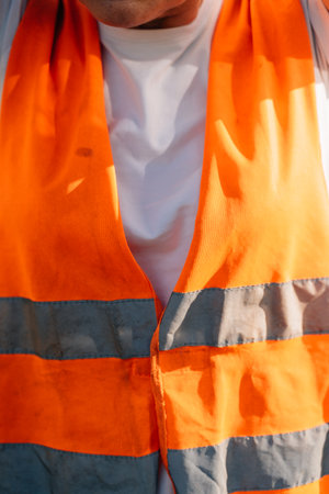 woman with orange vest outdoors on trucks parkingの写真素材