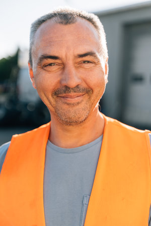 Portrait of caucasian mature man on semi-truck vehicles parking background. Truck driver workerの写真素材