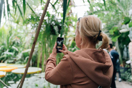 Caucasian middle age woman making photo of tropical botanical gardenの写真素材