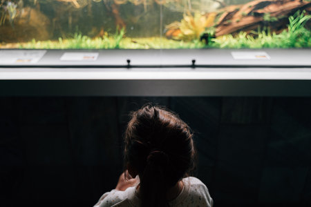 Child girl in zoo with terrarium or aquarium watching natureの写真素材