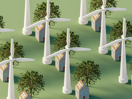 House with solar panels on roof, wind turbine and green house patternの写真素材