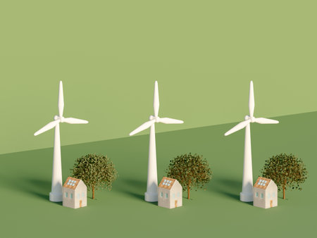 House with solar panels on roof, wind turbine and green houseの写真素材