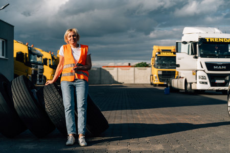 Caucasian middle-aged woman in front of yellow semi-truck vehicle on a parking lotの写真素材