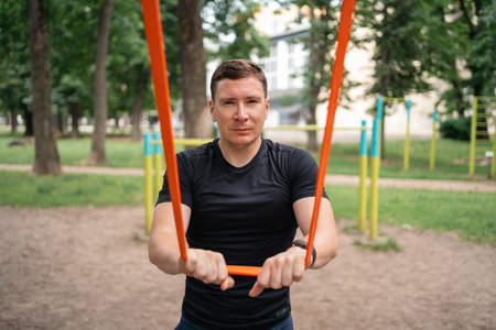 Middle age man doing strength exercises with resistance bands outdoors in parkの写真素材