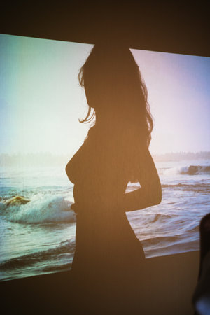 Young woman Silhouette on projected ocean image on the wall, aesthetic travel conceptの写真素材