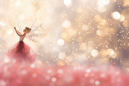 Fairy magical girl on blurred sparkling background, Christmas holidays banner, Copy space. Generative AIの素材